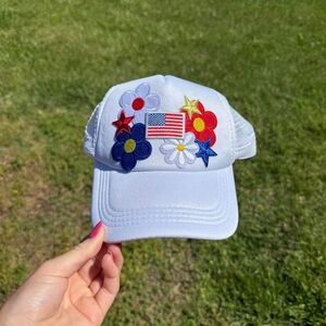 Floral and American Flag Embroidered White Cap